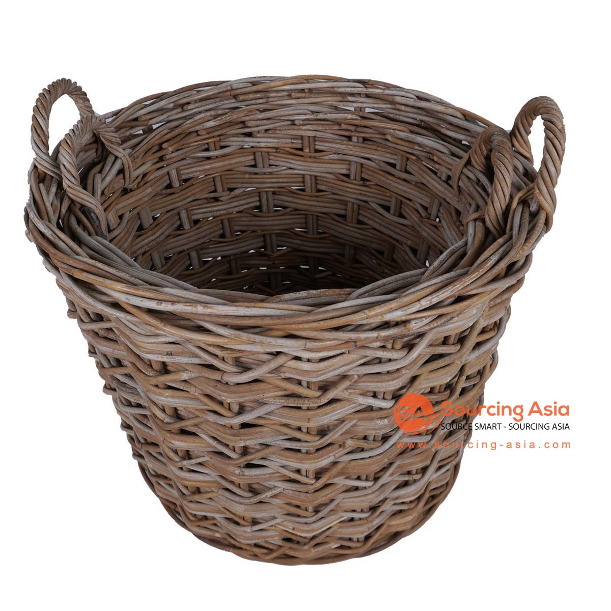 HBSC298 SET OF TWO NATURAL RATTAN ROUND BASKETS WITH HANDLE