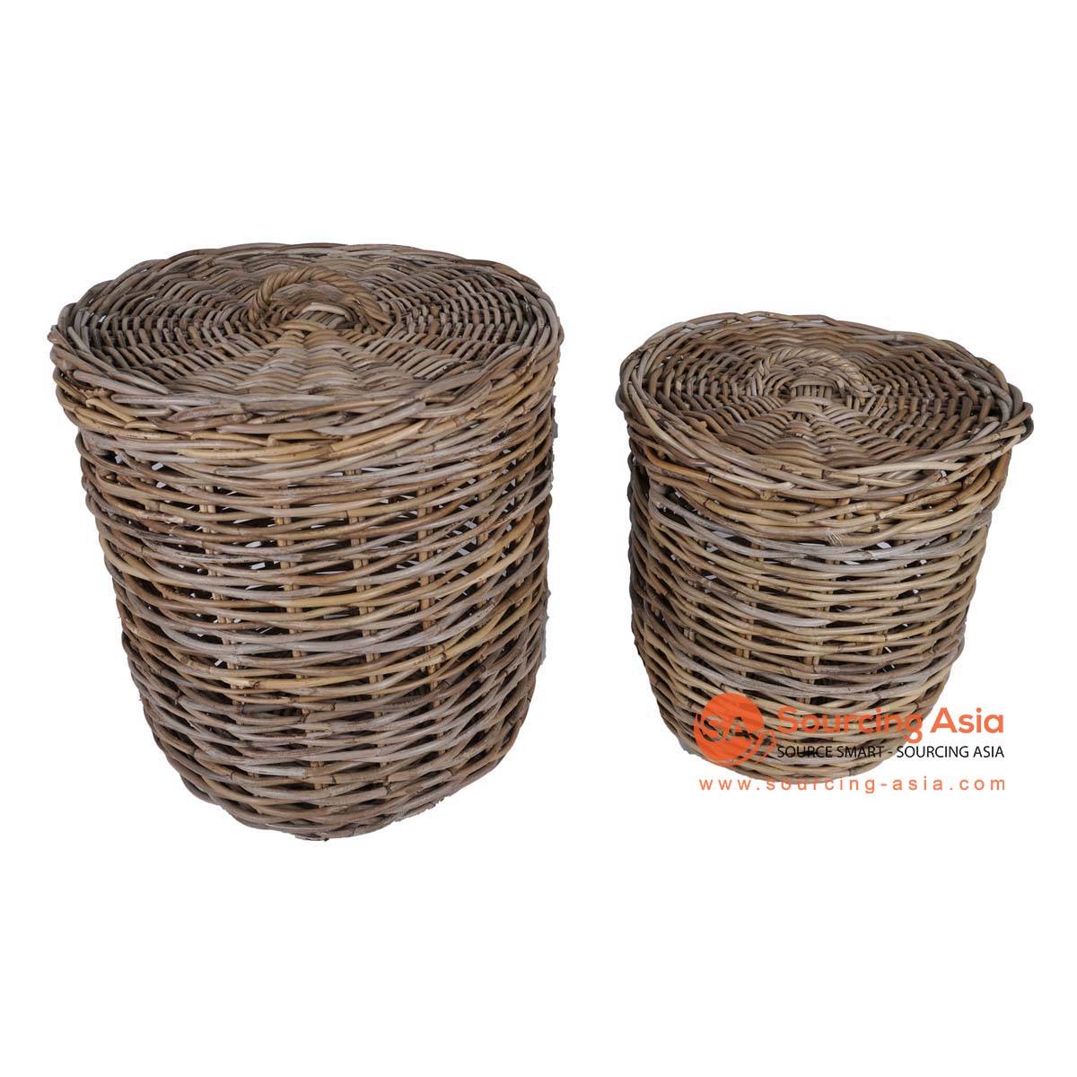 HBSC313 SET OF TWO NATURAL RATTAN ROUND TALL BASKETS WITH LIDS