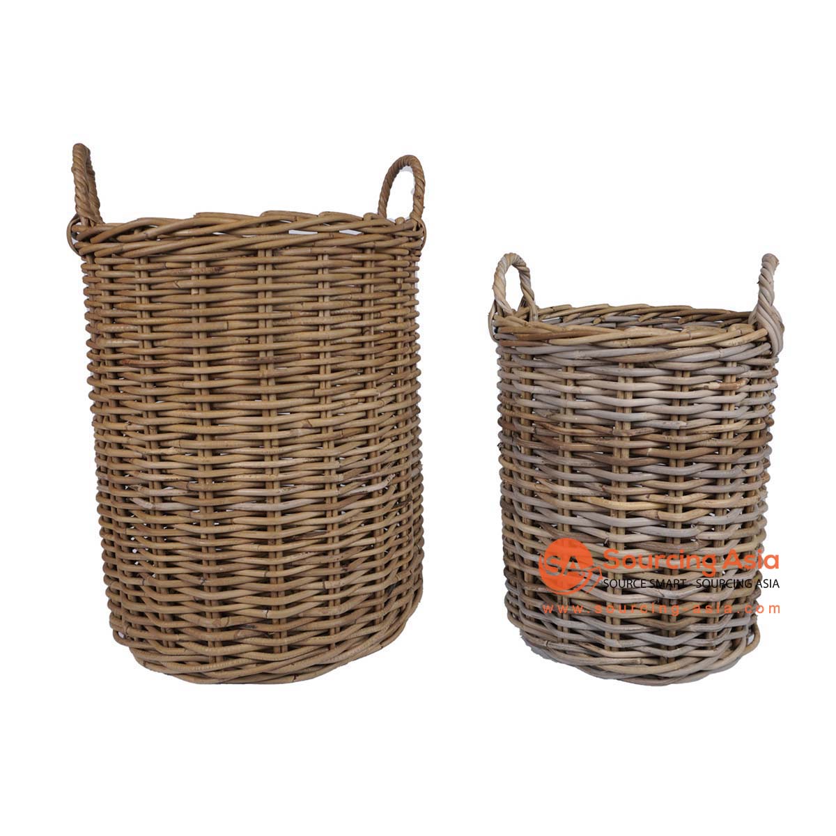 HBSC342 SET OF TWO NATURAL RATTAN ROUND TALL BASKETS WITH HANDLE