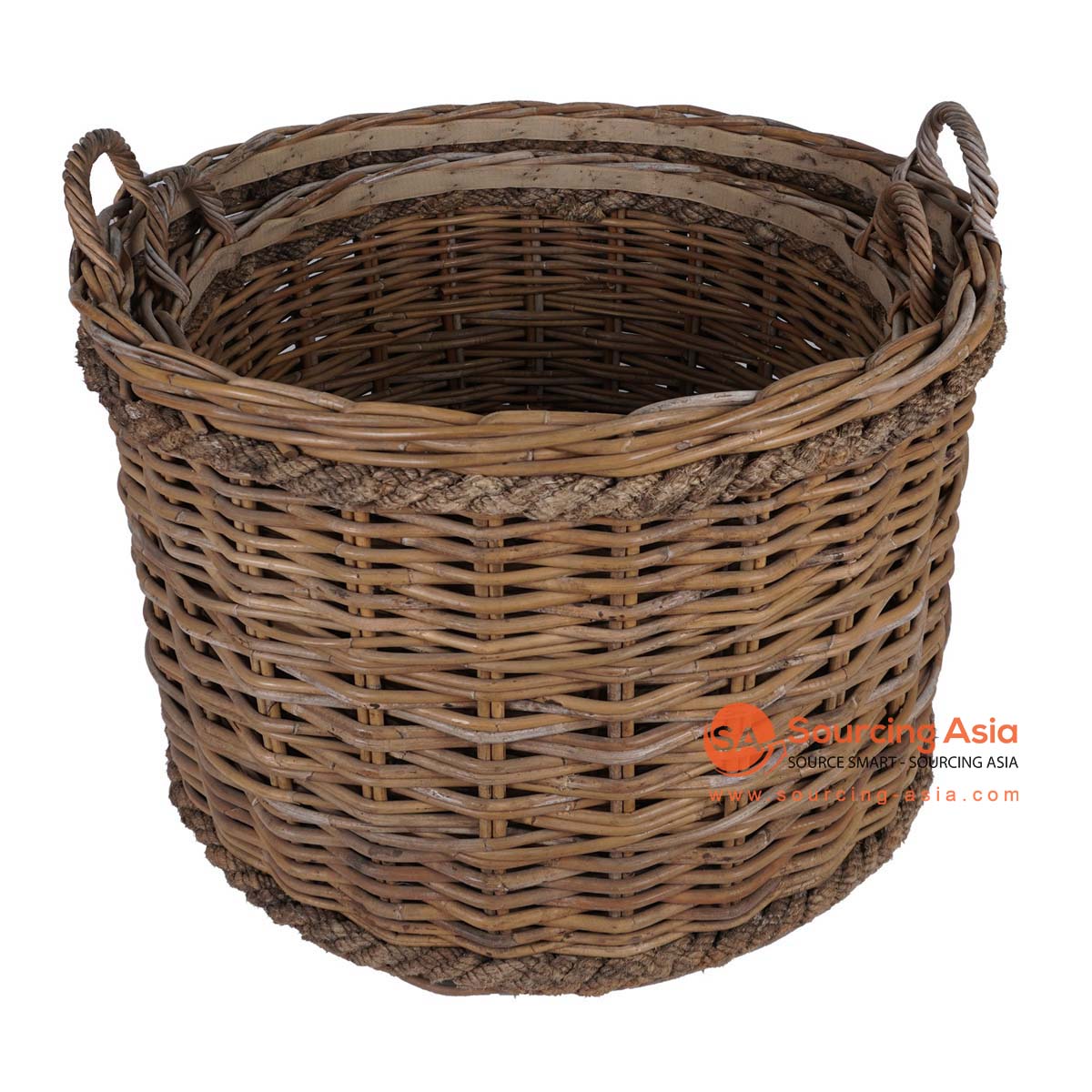 HBSC347 SET OF TWO NATURAL RATTAN ROUND BASKETS WITH HANDLE