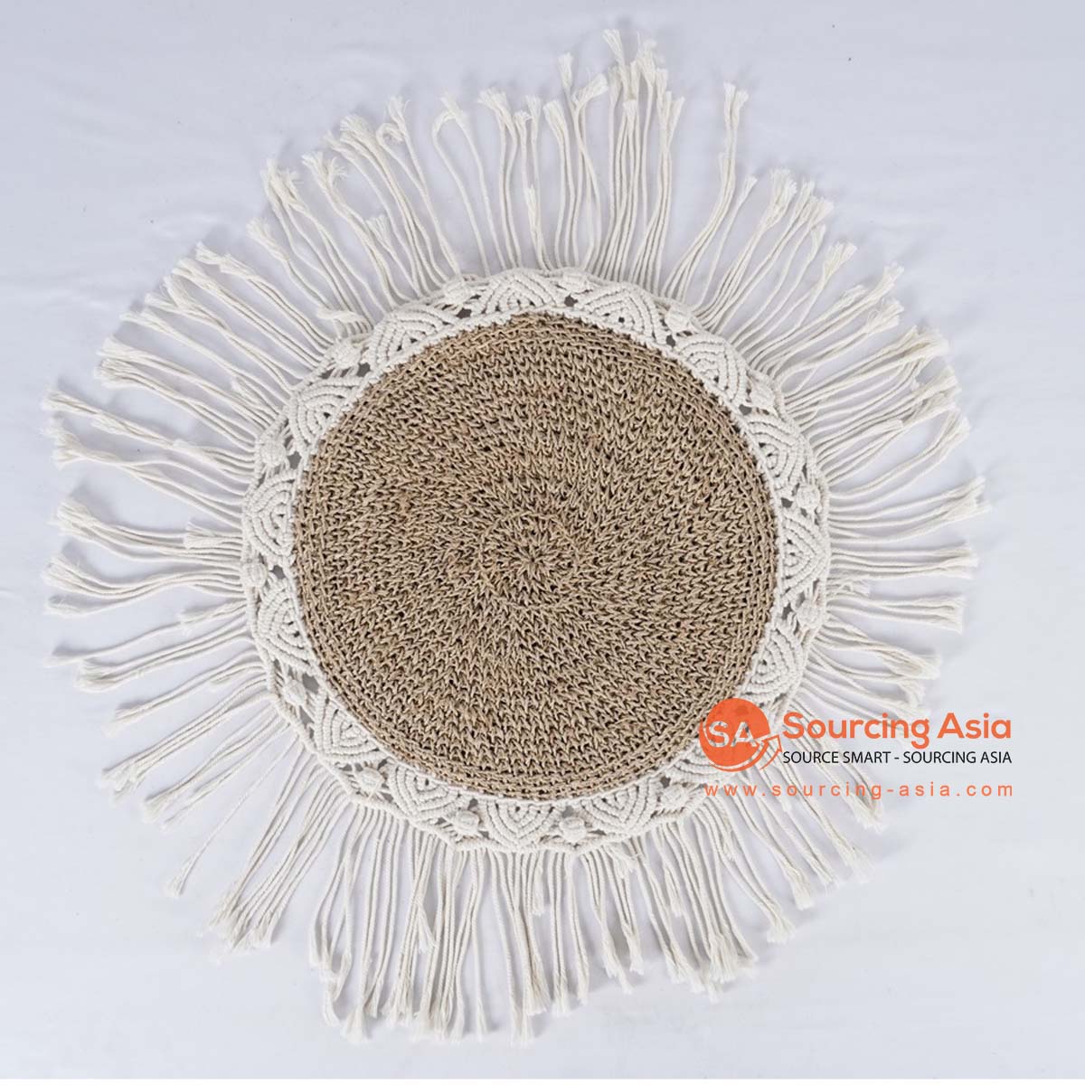 HBSC377 WHITE COTTON AND NATURAL AGEL DECORATIVE ROUND PLACEMAT
