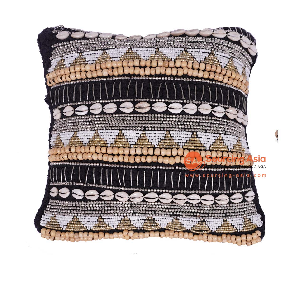 HBSC413 BLACK COTTON WITH PATTERNED BEADS AND SHELL SQUARE CUSHION (PRICE WITHOUT INNER)