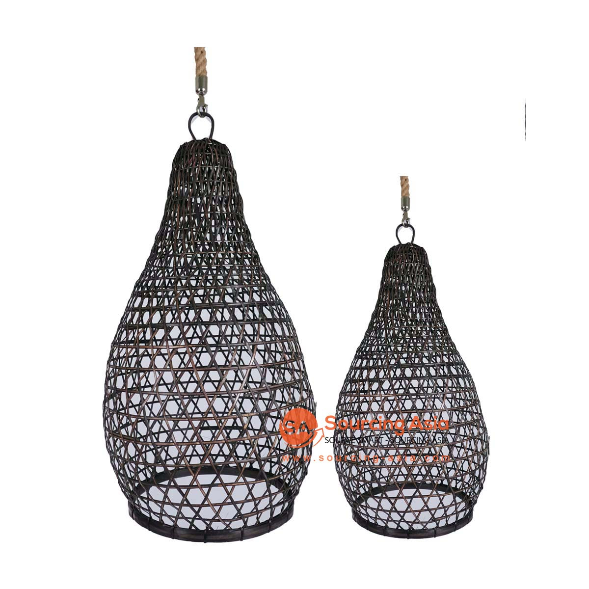 HBSC492 SET OF TWO BLACK RATTAN DECORATIVE CHICKEN CAGE PENDANT LAMPS