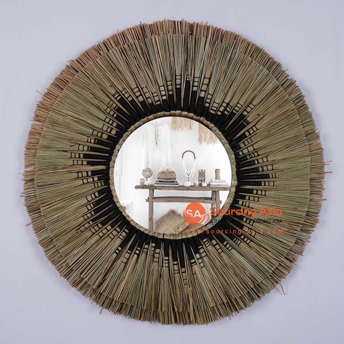 HBSC515 NATURAL AND BLACK MENDONG DECORATIVE ROUND MIRROR DECORATION