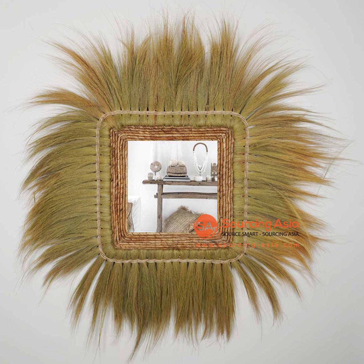 HBSC549 NATURAL RAYUNG DECORATIVE SQUARE MIRROR DECORATION WITH FRINGE