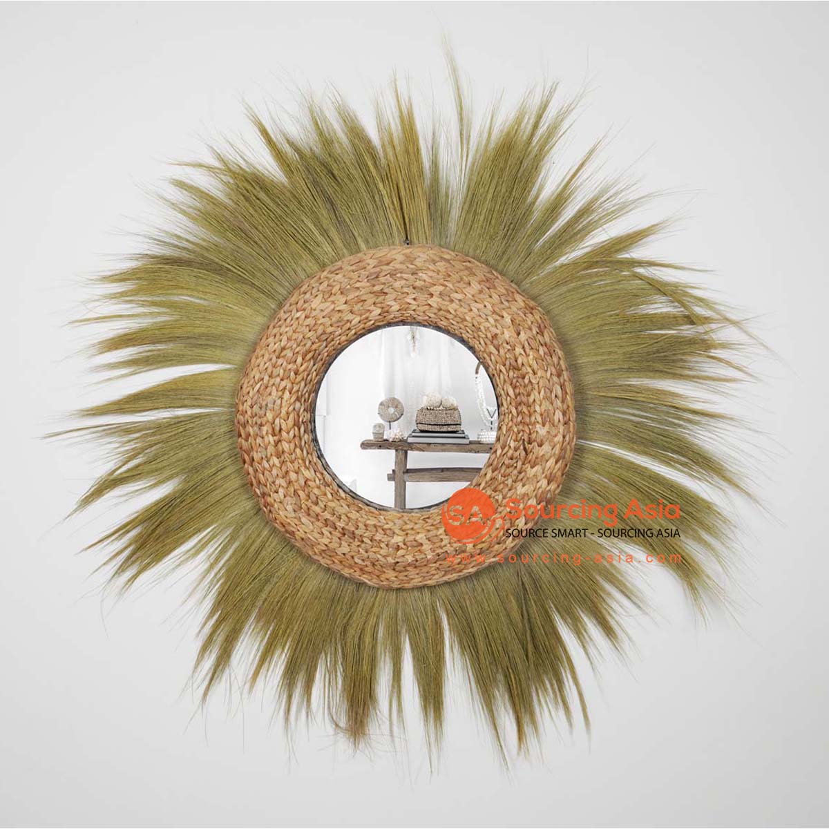 HBSC551 NATURAL WATER HYACINTH AND RAYUNG DECORATIVE ROUND MIRROR DECORATION
