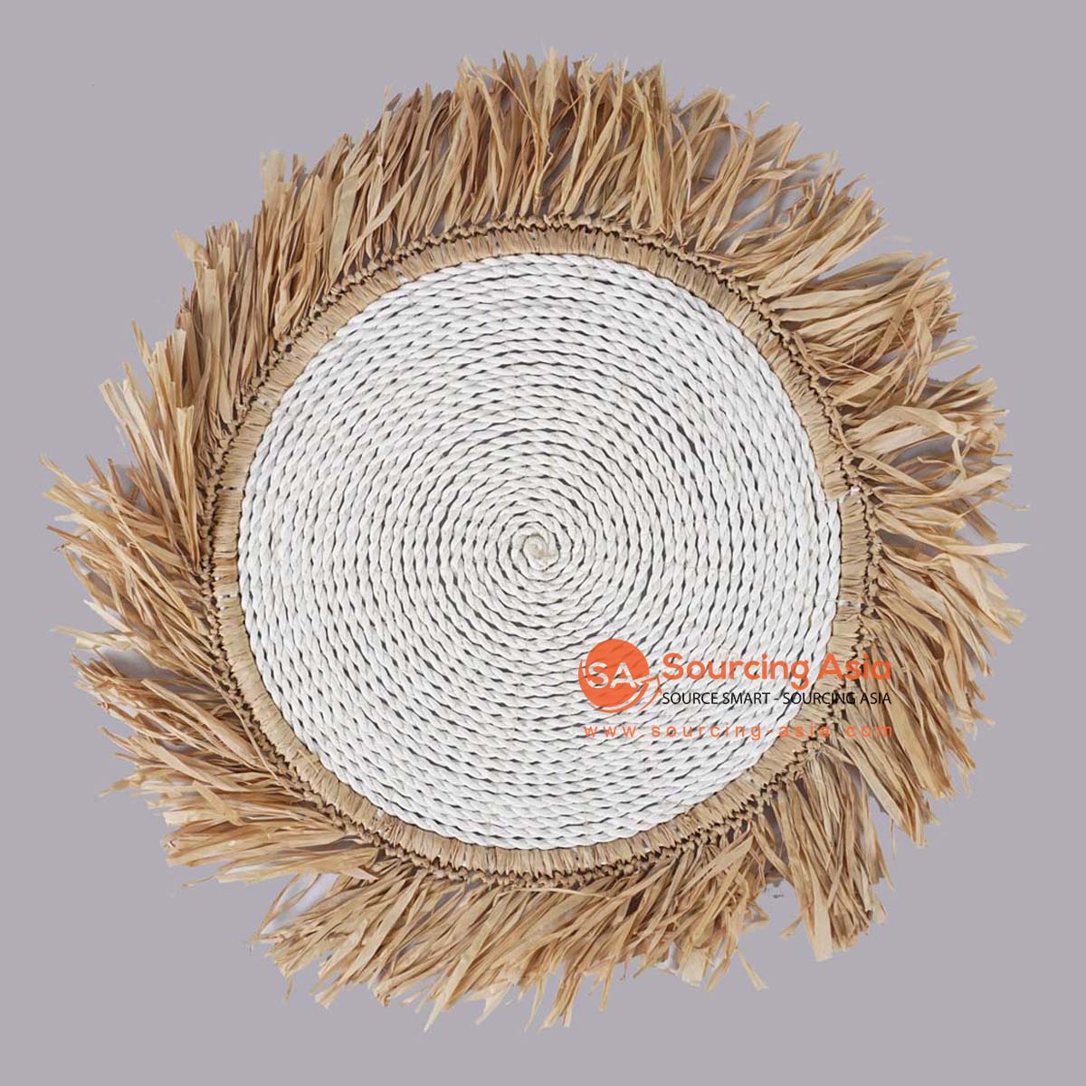 HBSC560 WHITE PLASTIC ROUND PLACEMAT WITH NATURAL GAJIH FRINGE