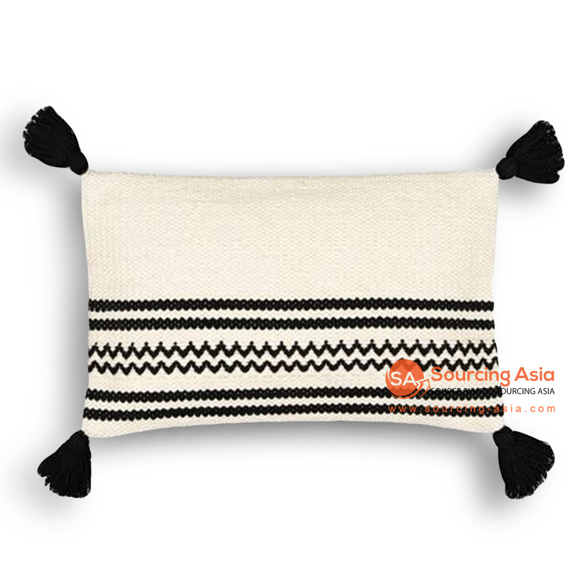 HIP004 WHITE FABRIC RECTANGULAR LUMBAR CUSHION WITH BLACK EMBROIDERY AND TASSELS (PRICE WITHOUT INNER)