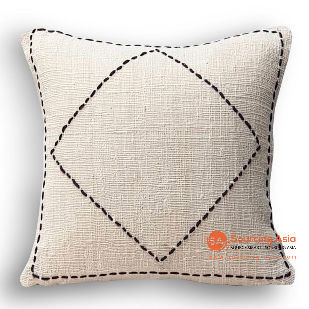 HIP006-1 WHITE FABRIC HAND-STITCHED SQUARE CUSHION WITH BLACK DIAMOND EMBROIDERY (PRICE WITHOUT INNER)