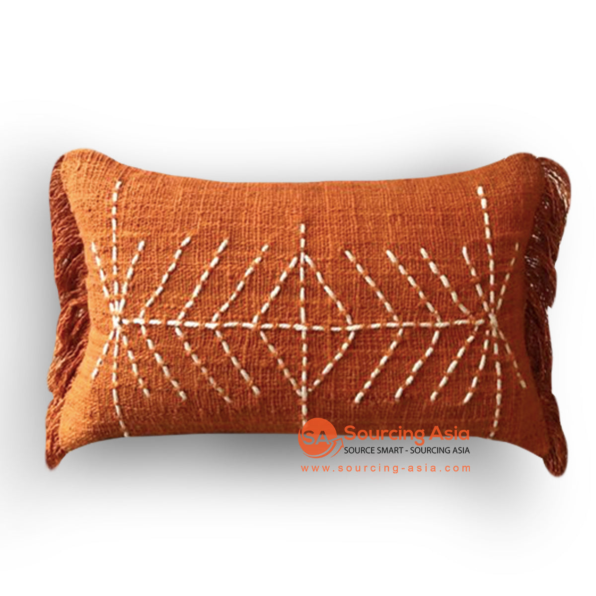 HIP018 ORANGE TUMANGGAL FABRIC HAND-STITCHED RECTANGULAR CUSHION WITH EMBROIDERY AND FRINGE (PRICE WITHOUT INNER)