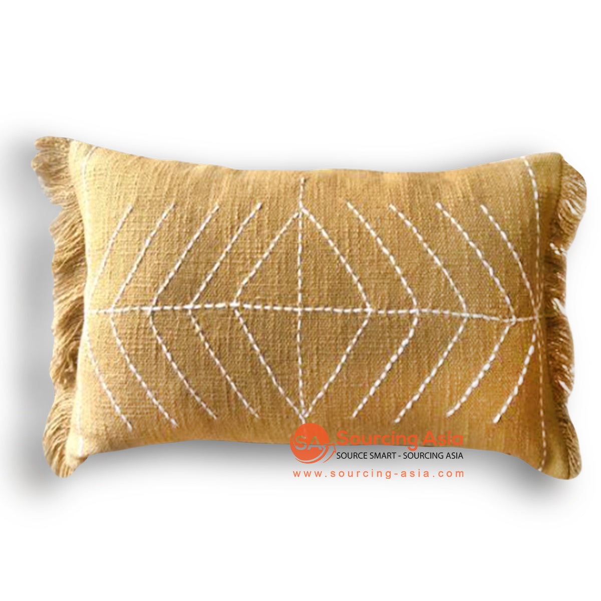 HIP020 YELLOW TUMANGGAL FABRIC HAND-STITCHED RECTANGULAR CUSHION WITH EMBROIDERY AND FRINGE (PRICE WITHOUT INNER)