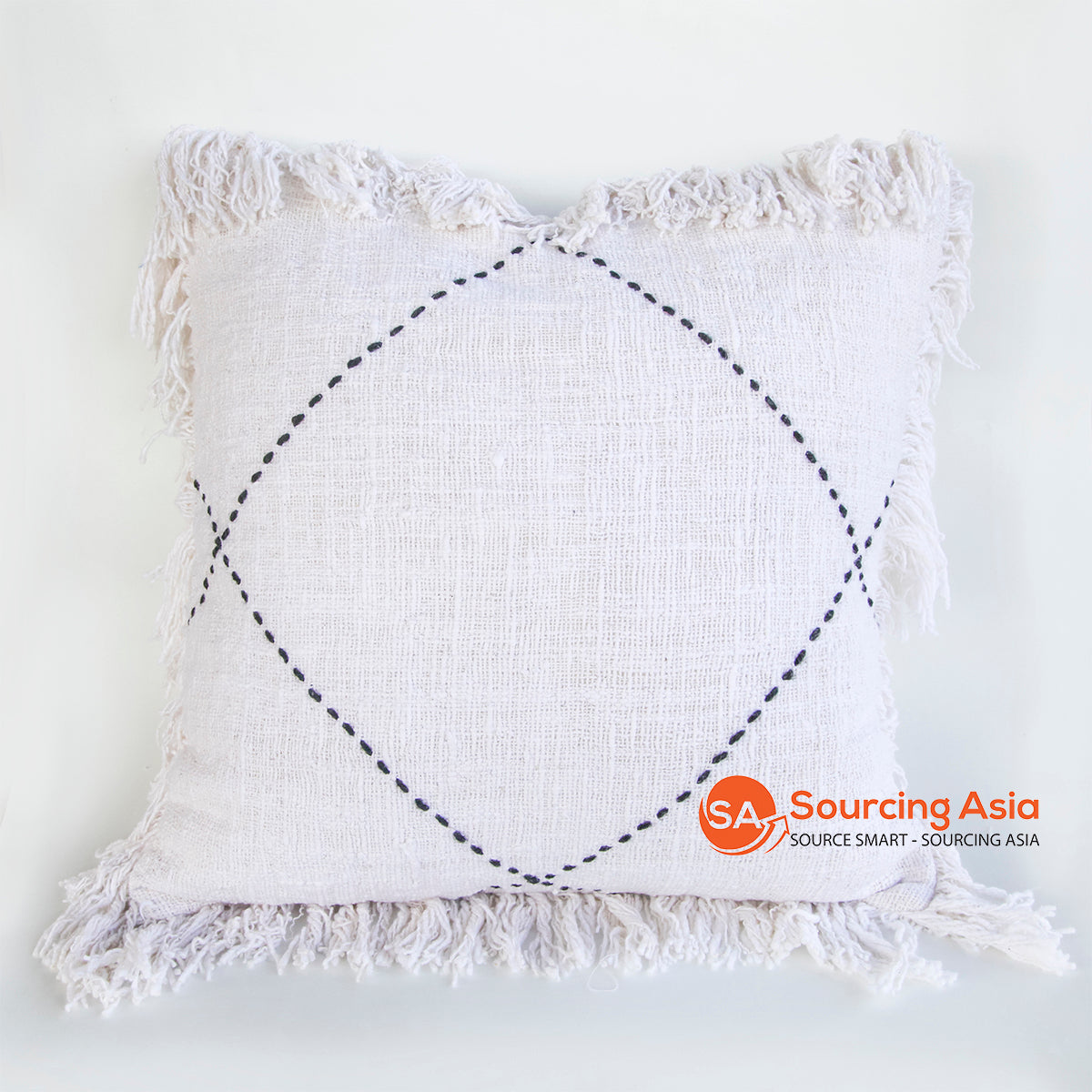 HIP025-1 NATURAL TUMANGGAL FABRIC SQUARE COVER CUSHION WITH BLACK HAND-STITCHED  AND FRINGE