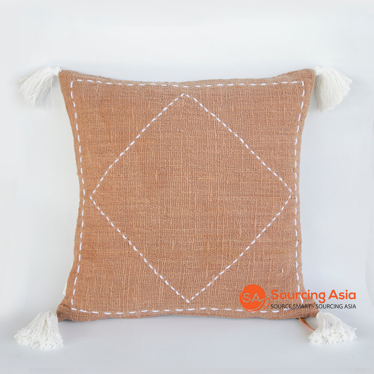 HIP033 TOBACCO TUMANGGAL FABRIC SQUARE COVER CUSHION WITH WHITE LINE HAND-STITCHED AND TASSELS (PRICE WITHOUT INNER)
