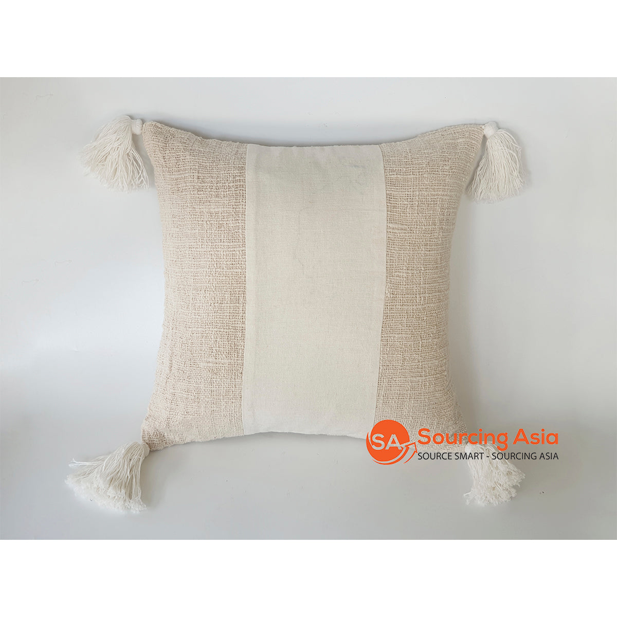 HIP047 SAND LINEN AND BEIGE COTTON  CUSHION WITH TASSELS AND HIDDEN ZIP BACK CLOSURE (WITH POLY FILL)