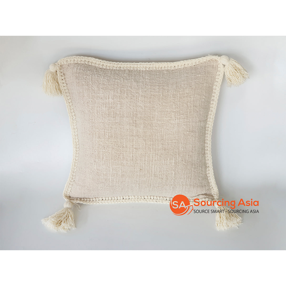 HIP049 SAND (NATURAL) COTTON CUSHION WITH TASSELS AND HIDDEN ZIP BACK CLOSURE (WITH INSERT: POLY FILL)