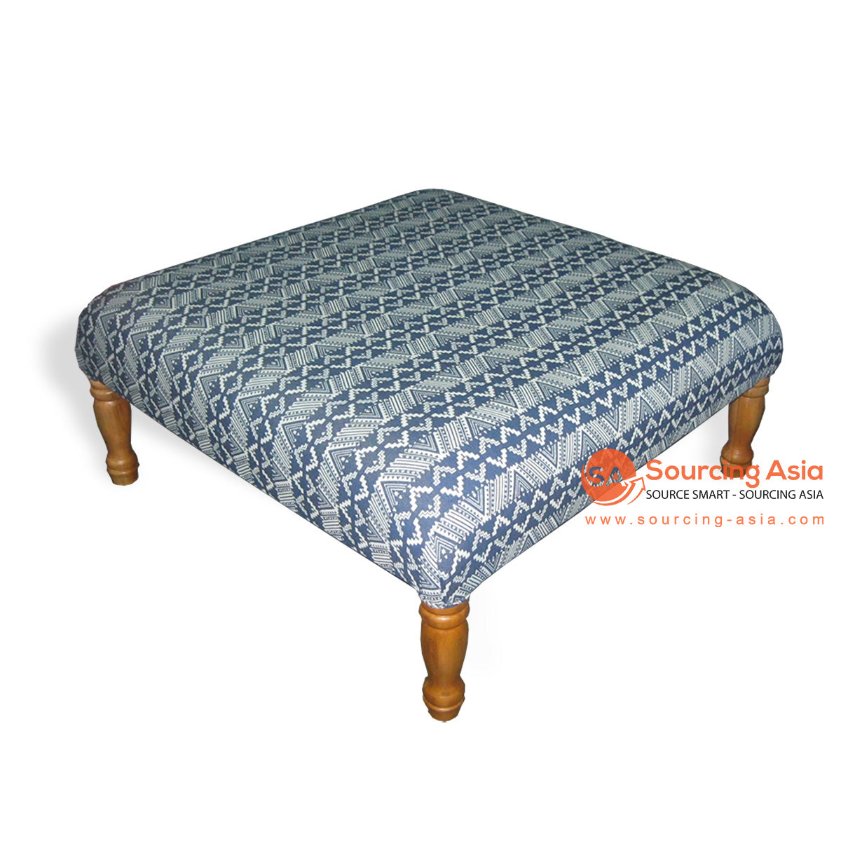 IIN002-1 NATURAL TEAK WOOD AND BLUE FABRIC UPHOLSTERED OTTOMAN WITH LEGS