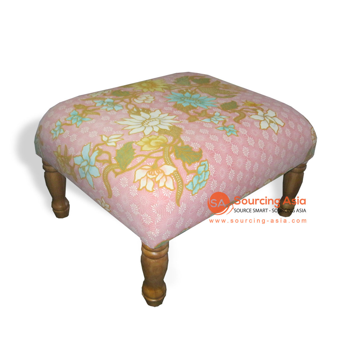 IIN003-1 NATURAL TEAK WOOD AND PINK FLORAL FABRIC UPHOLSTERED OTTOMAN WITH LEGS