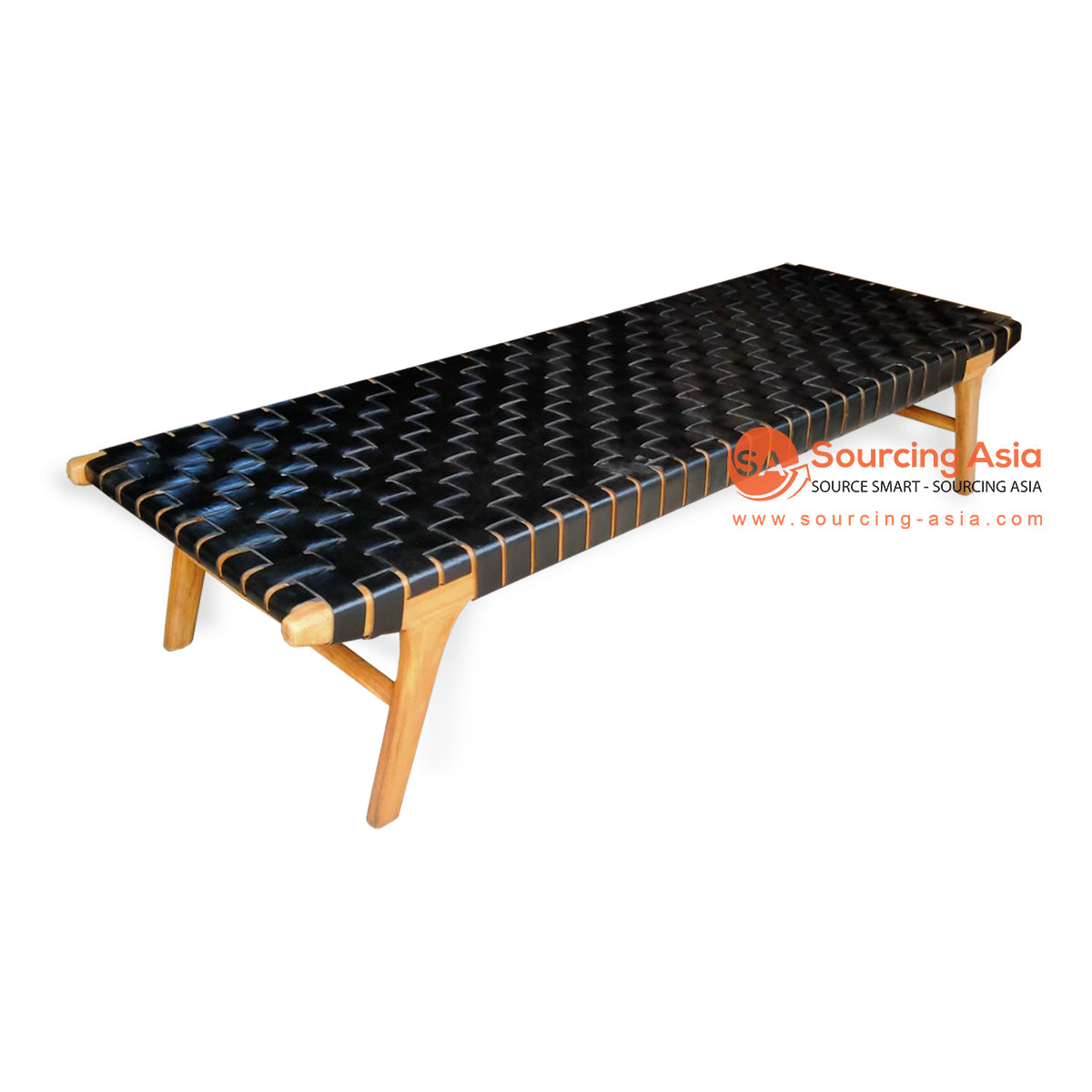 IJF015 BLACK WOVEN LEATHER AND TEAK WOOD BED END BENCH