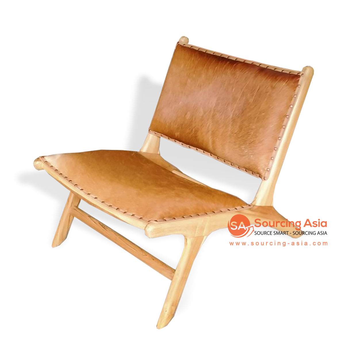 IJF018 NATURAL TEAK WOOD AND BROWN COWHIDE LEATHER MARLBORO CHAIR WITH ARMS