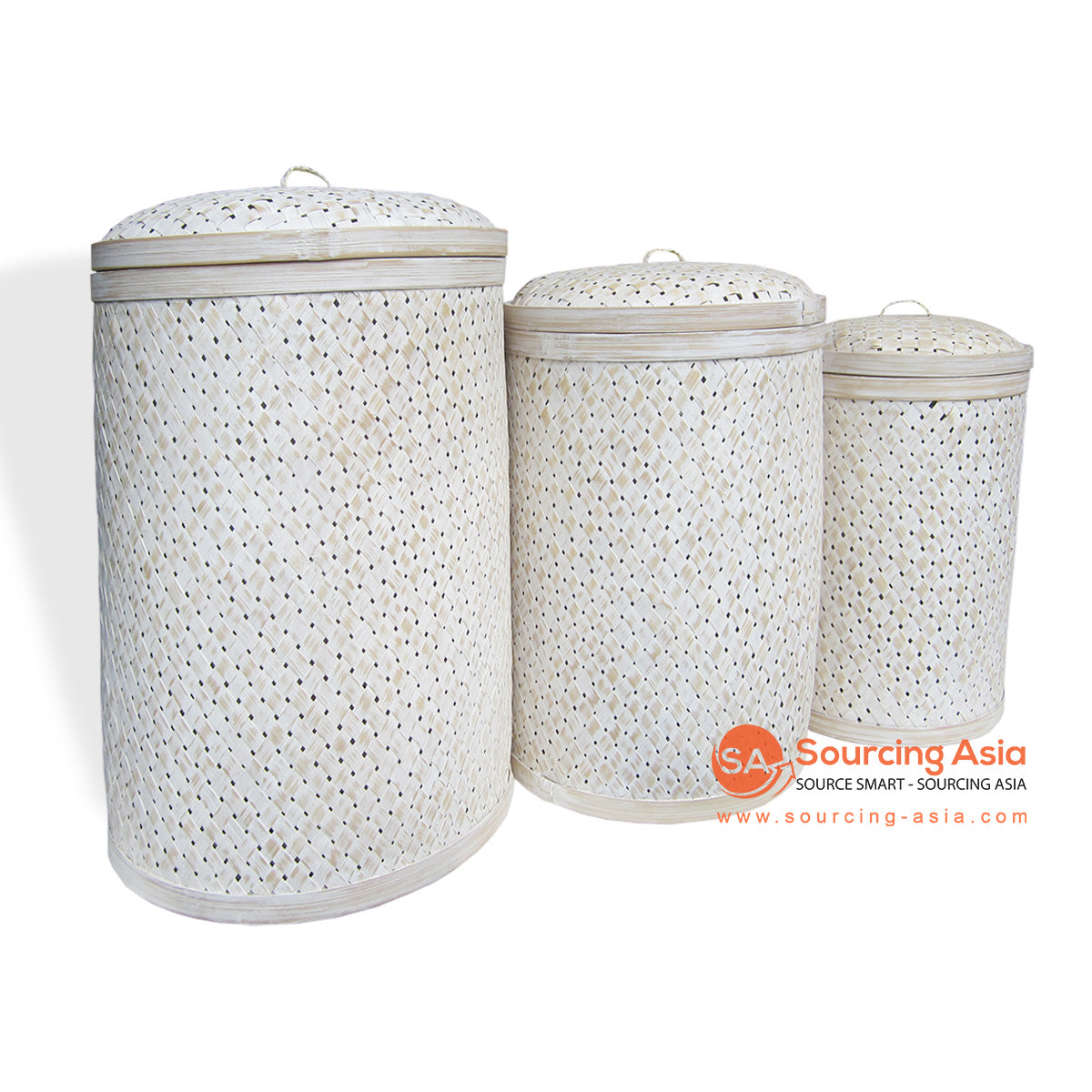 IMO036SET-1 SET OF THREE WHITE WASH BAMBOO TALL LAUNDRY BASKETS WITH LIDS