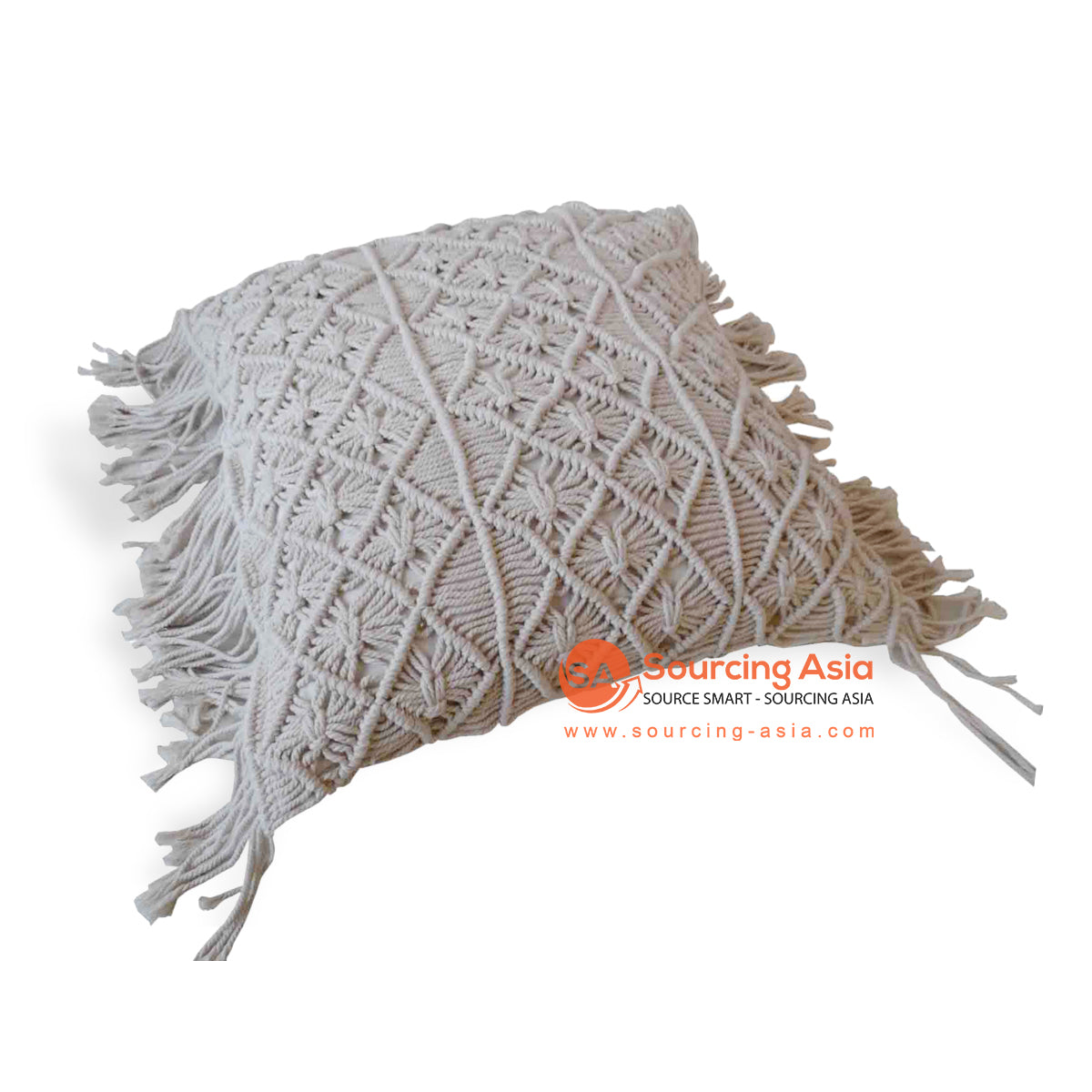 JMH107-1 WHITE MACRAME WOOL SQUARE CUSHION WITH FRINGE (PRICE WITHOUT INNER)