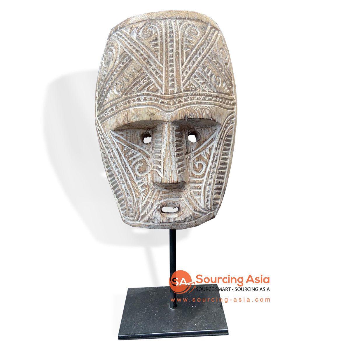 KNT039-1 NATURAL WOODEN TRIBAL MASK ON STAND DECORATION WITH WHITE LINING
