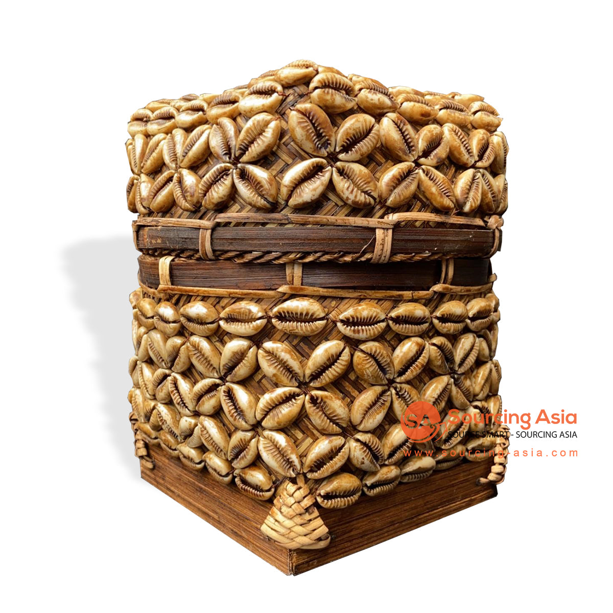 KNT054 BROWN BAMBOO BOX WITH LID AND SHELL DECORATION