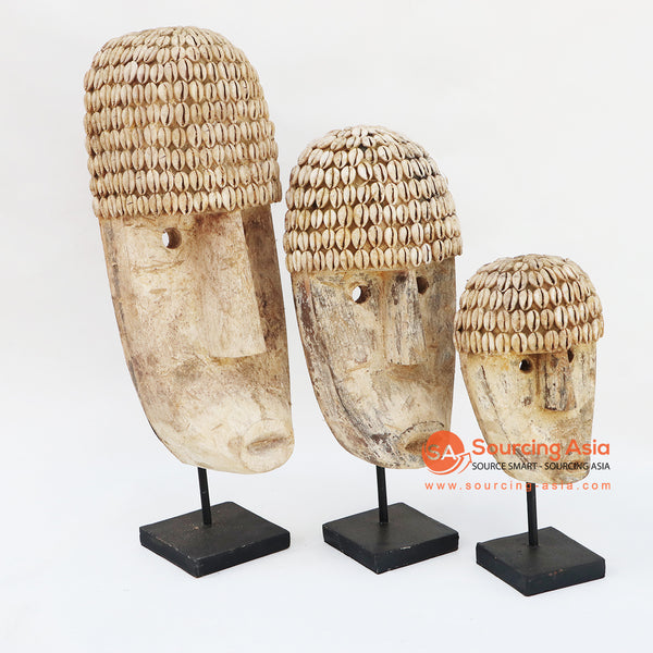 KNTC040 SET OF THREE WOODEN MANYUN MASK ON STAND DECORATIONS