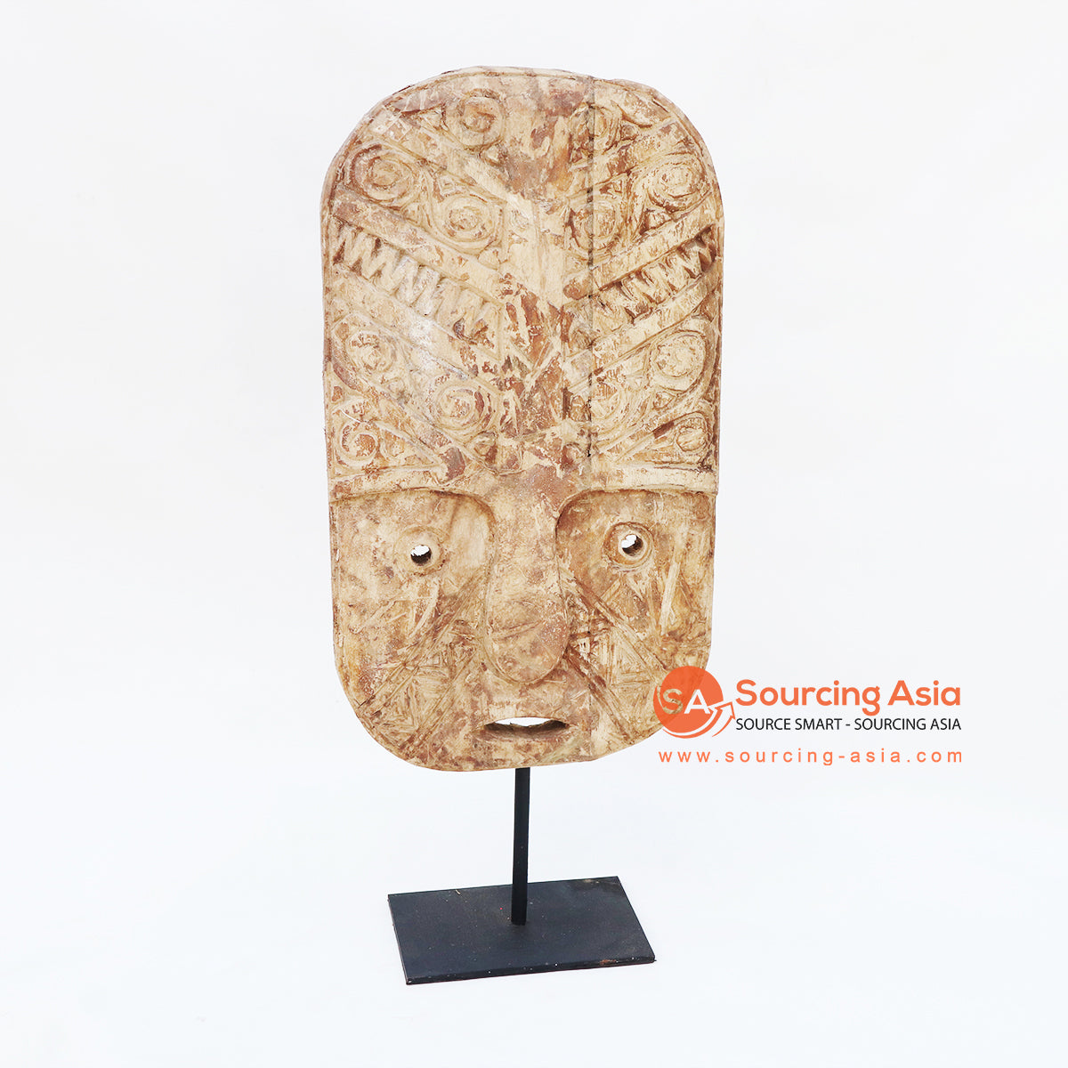 KNTC052 ANTIQUE WOODEN TRIBAL CARVED MANYUN MASK ON STAND DECORATION