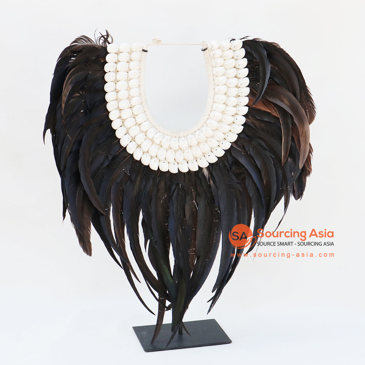 KNTC062 BLACK FEATHER AND NATURAL SHELL PAPUA TRIBAL STYLE NECKLACE ON STAND DECORATION