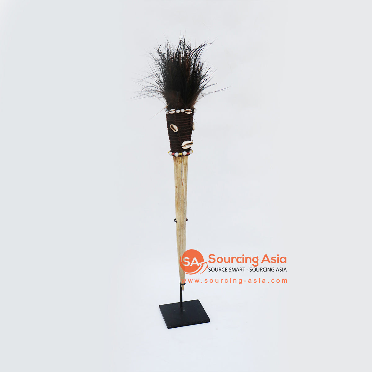 KNTC106 NATURAL MARLIN TOOTH AND BLACK FEATHER PAPUA CEREMONIAL ON STAND DECORATION