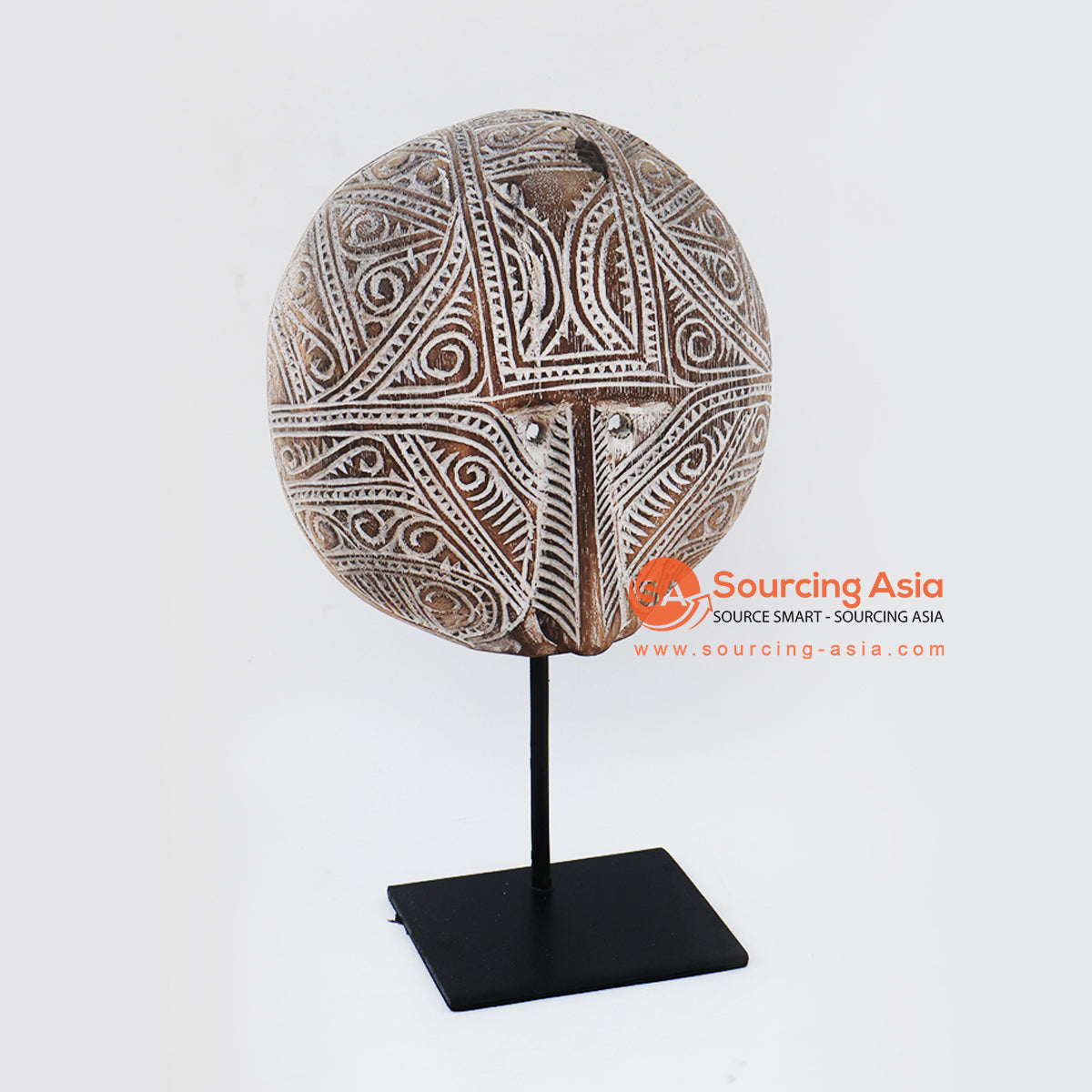KNTC113 BROWN WOODEN ROUND DISC ON STAND DECORATION WITH WHITE TRIBAL LINING