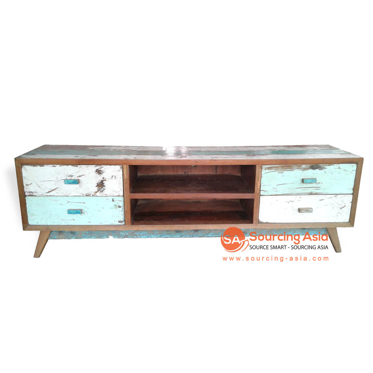KPL067-1 ﻿NATURAL BOAT WOOD FOUR DRAWERS AND TWO SHELVES ENTERTAINMENT UNIT