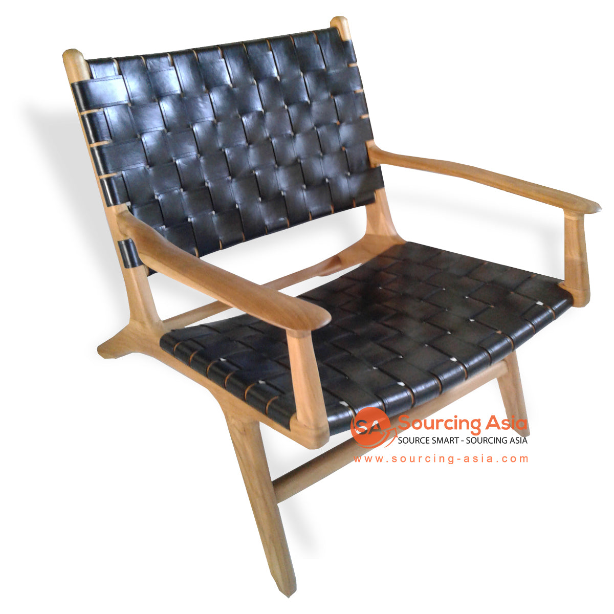 KUSJ002-C4 BLACK WOVEN LEATHER AND NATURAL TEAK WOOD MARLBORO ARMED LAZY CHAIR