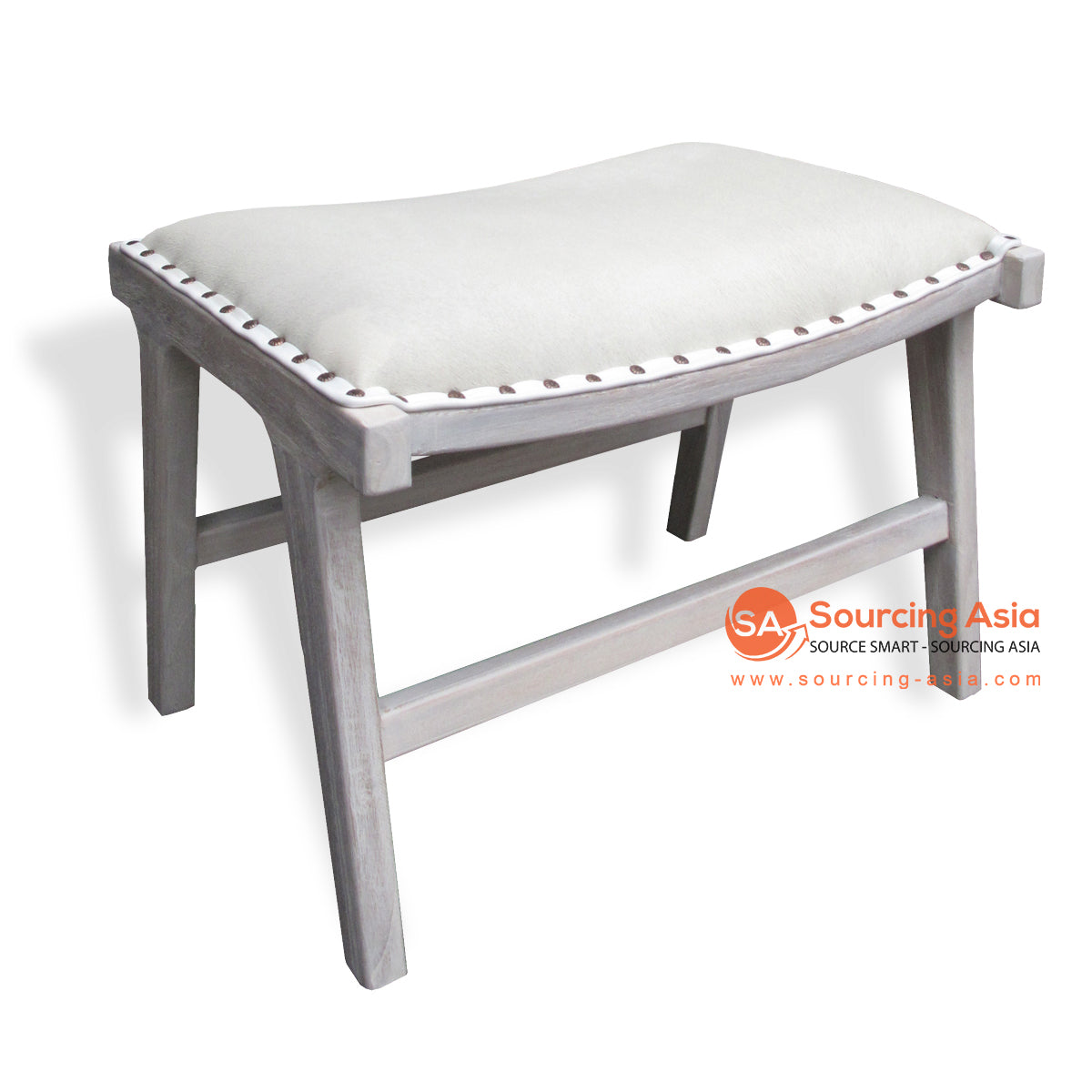 KUSJ002S WHITE WASH TEAK WOOD STOOL WITH LEATHER COW HIDE SEAT