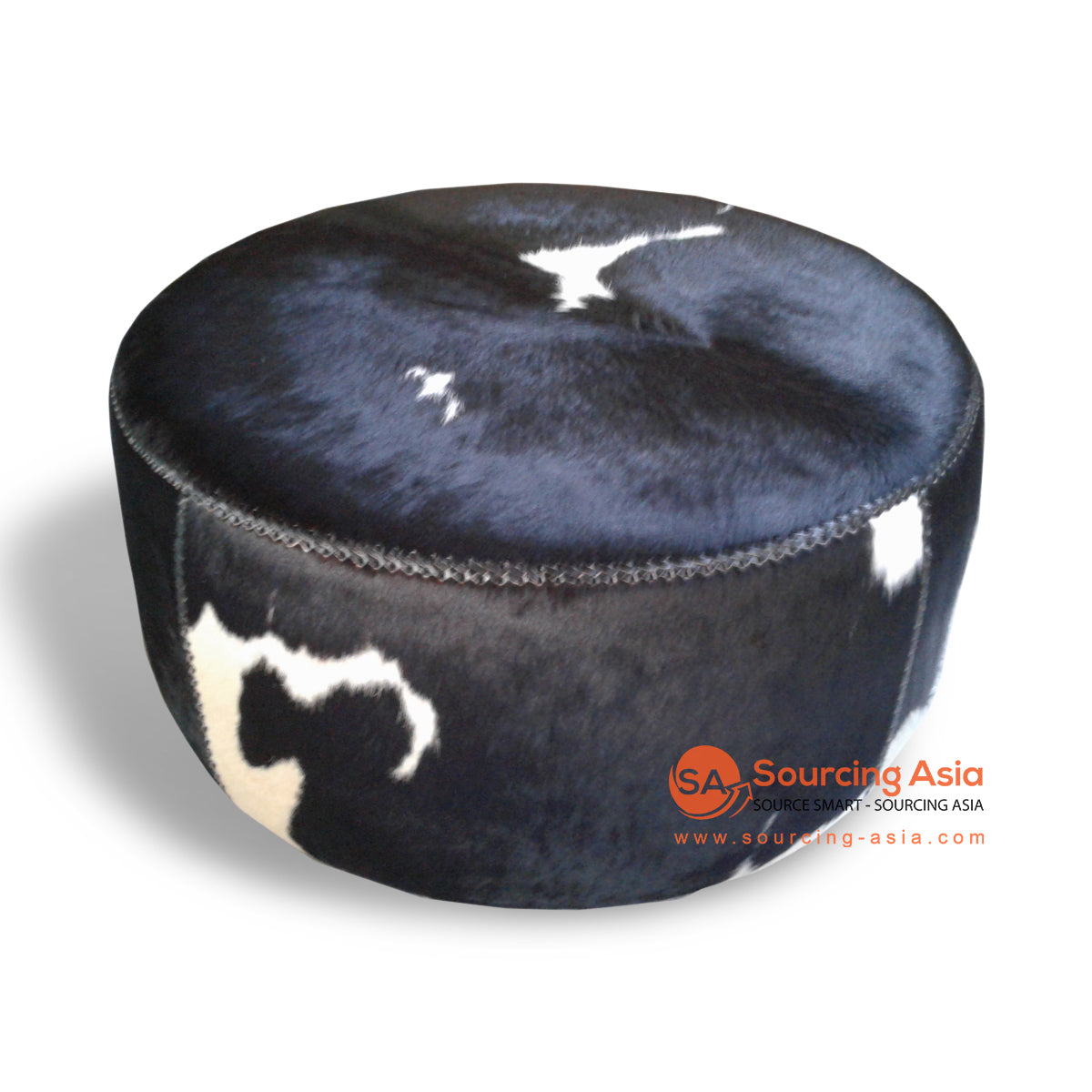 KUSJ007-80BW BLACK AND WHITE SPOT COWHIDE LEATHER ROUND OTTOMAN
