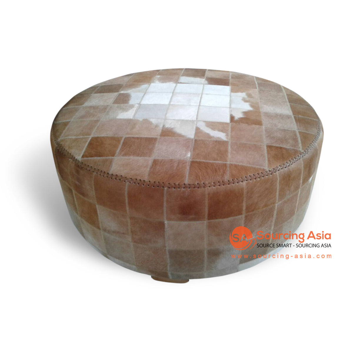 KUSJ007D-100 BROWN AND WHITE SPOT COWHIDE LEATHER ROUND OTTOMAN