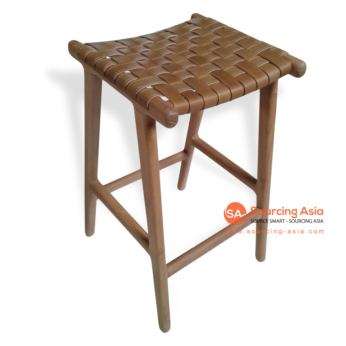 KUSJ016-65A WALNUT WOVEN LEATHER AND NATURAL TEAK WOOD SQUARE BAR STOOL