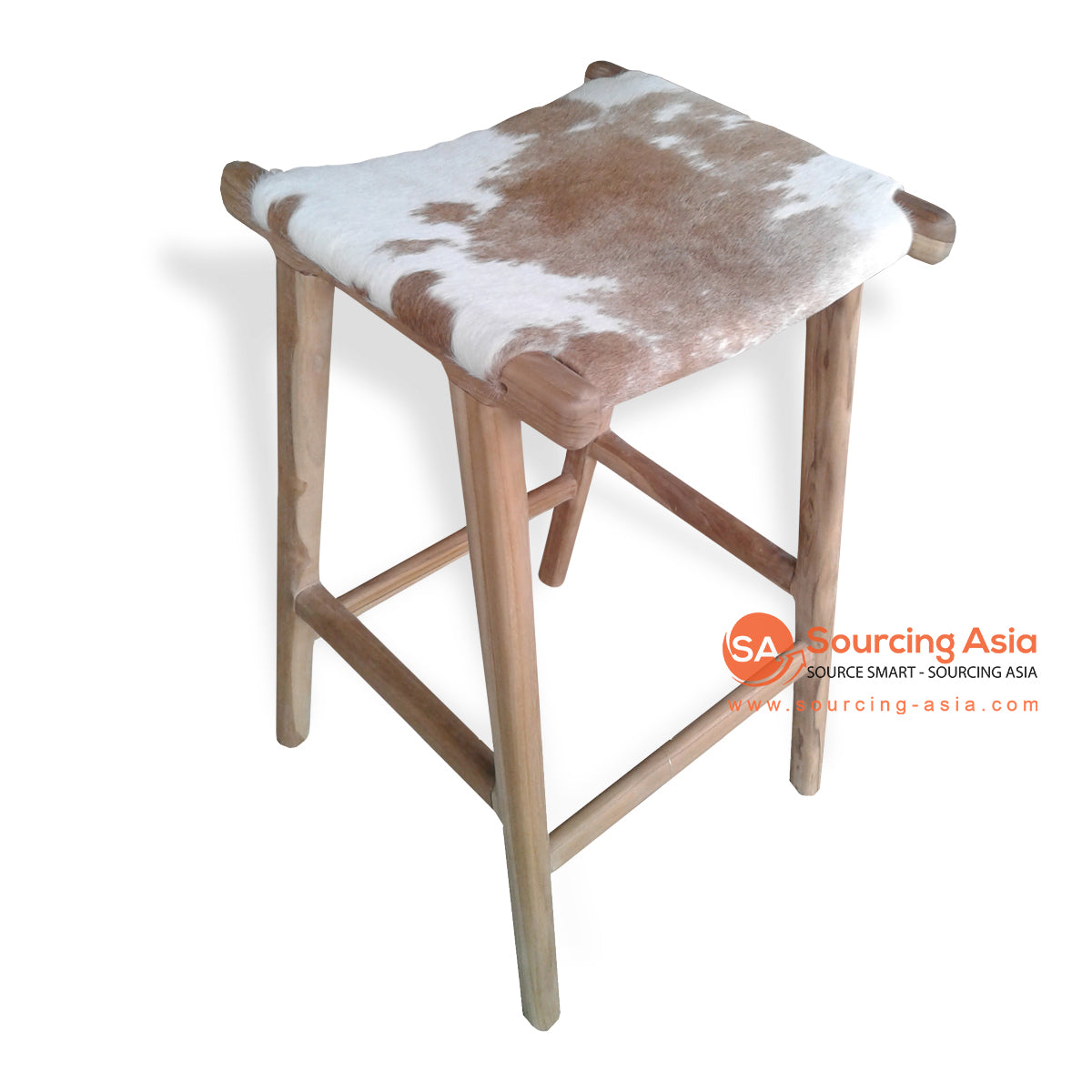 KUSJ016-CH01 COWHIDE LEATHER AND NATURAL TEAK WOOD SQUARE BAR STOOL