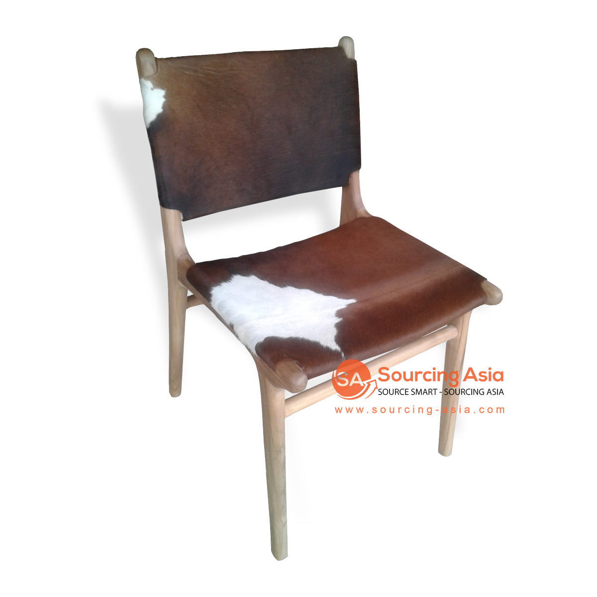 KUSJ018-CH BROWN AND WHITE SPOT COWHIDE LEATHER AND NATURAL TEAK WOOD DIANA DINING CHAIR