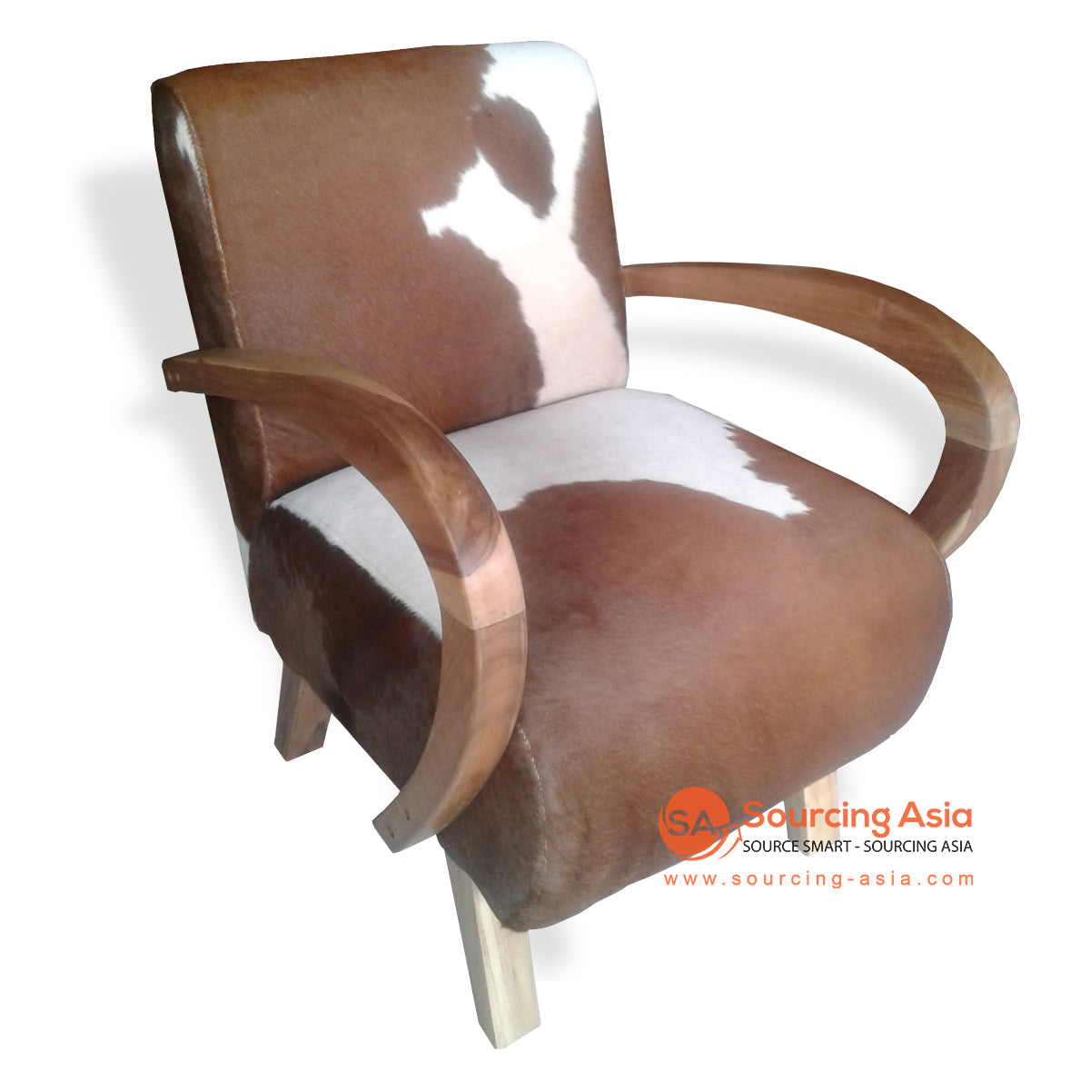 KUSJ022-BWCH BROWN AND WHITE SPOT COWHIDE LEATHER AND WOOD ARMED CLUB CHAIR