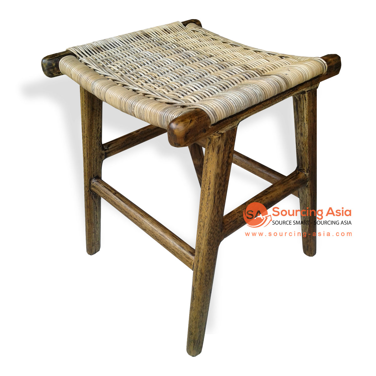 KUSJ057-1 ANTIQUE TEAK WOOD AND SYNTHETIC WOVEN RATTAN SQUARE JERRY BAR STOOL