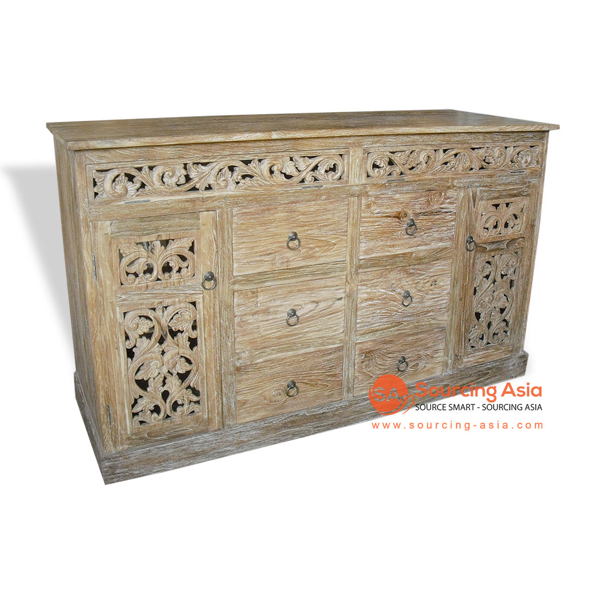 KYT-JQSP001 NATURAL RECYCLED TEAK WOOD TWO DOORS AND SIX DRAWERS CARVED BUFFET