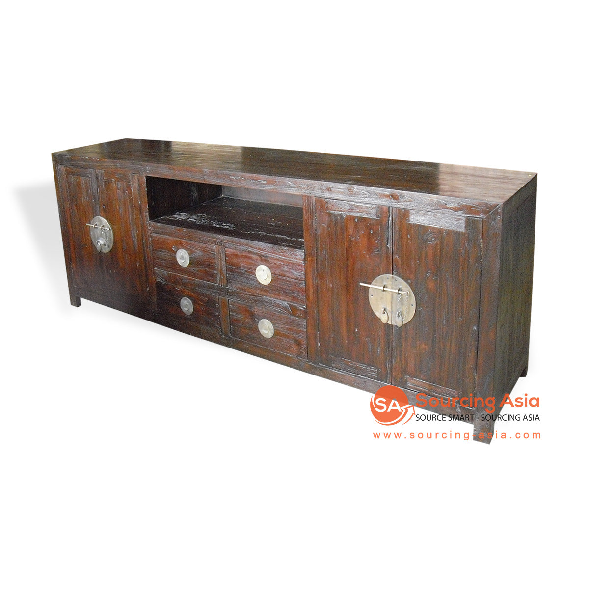 KYT-SPGP001 CHOCOLATE RECYCLED TEAK WOOD FOUR DOORS AND FOUR DRAWERS CHINESE RUSTIC ENTERTAINMENT UNIT