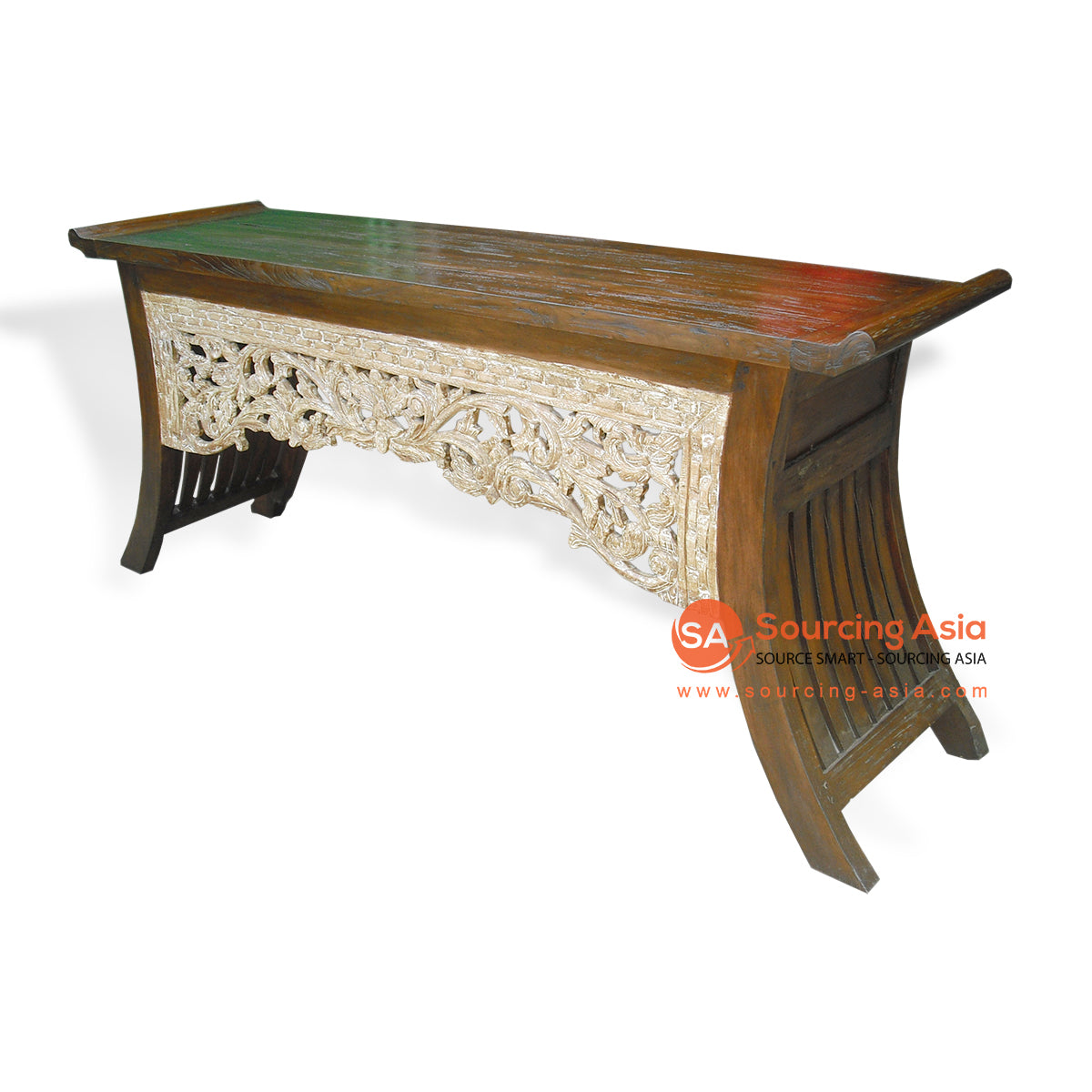 KYT10005-MB DARK BROWN AND WHITE TEAK WOOD CURVY ENDS CONSOLE TABLE WITH CARVING