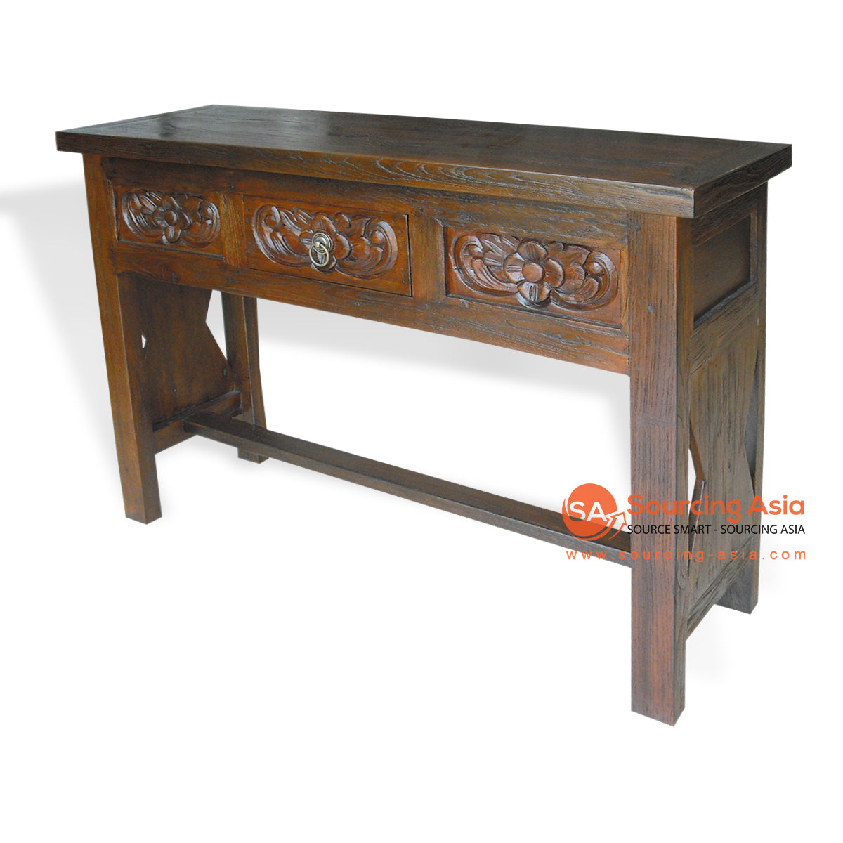KYT10032 DARK BROWN RECYCLED TEAK WOOD ONE DRAWER RUSTIC CARVED CONSOLE TABLE