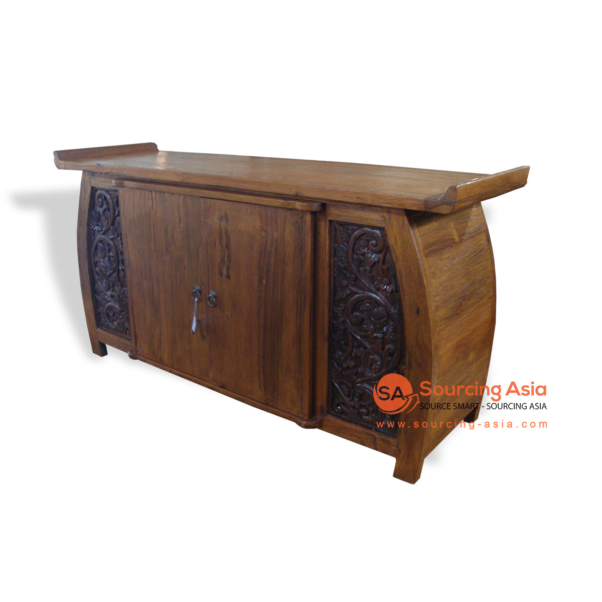 KYT20012 NATURAL RECYCLED TEAK WOOD TWO DOORS ROUNDED ENDS BUFFET WITH CARVING