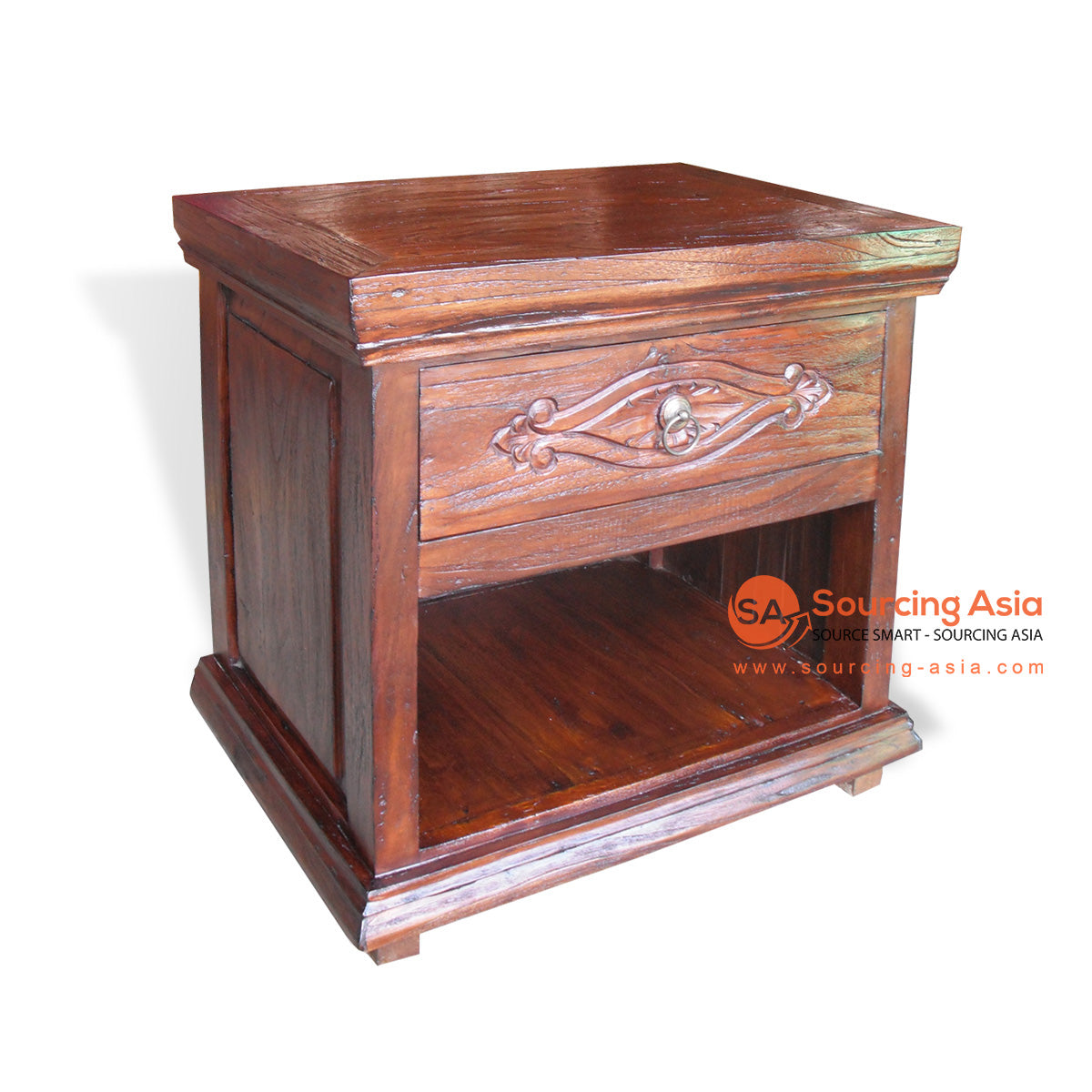 KYT50018 BROWN RECYCLED TEAK WOOD ONE OPEN SHELF AND DRAWER CARVED SIDE TABLE