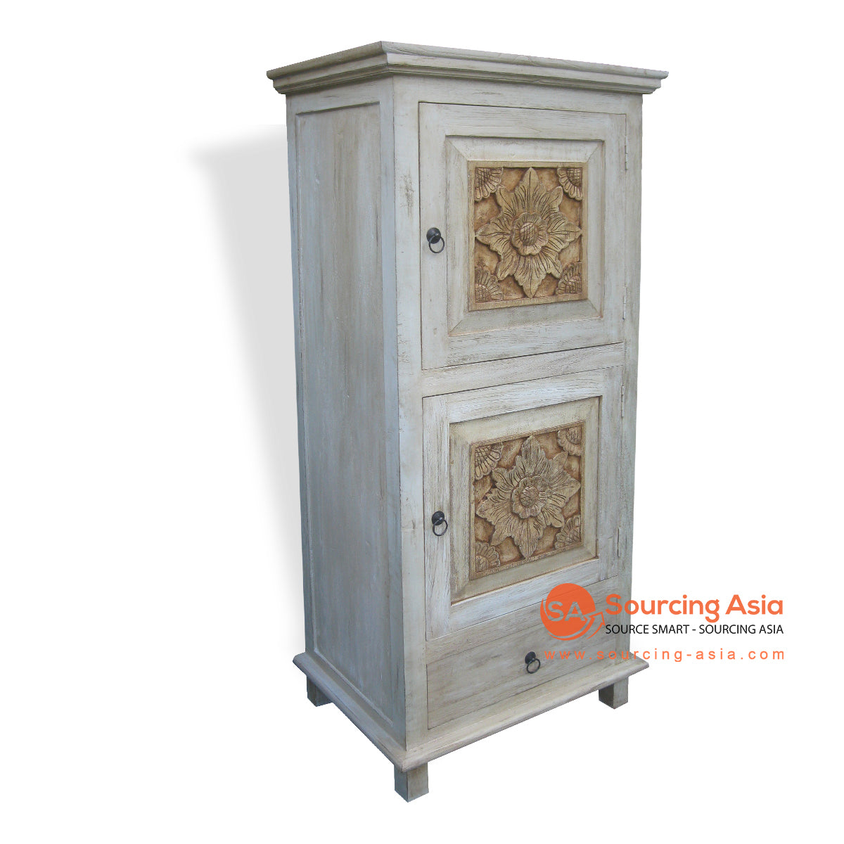 KYT50049 WHITE WASH RECYCLED TEAK WOOD TWO DOORS AND ONE DRAWER CARVED CABINET