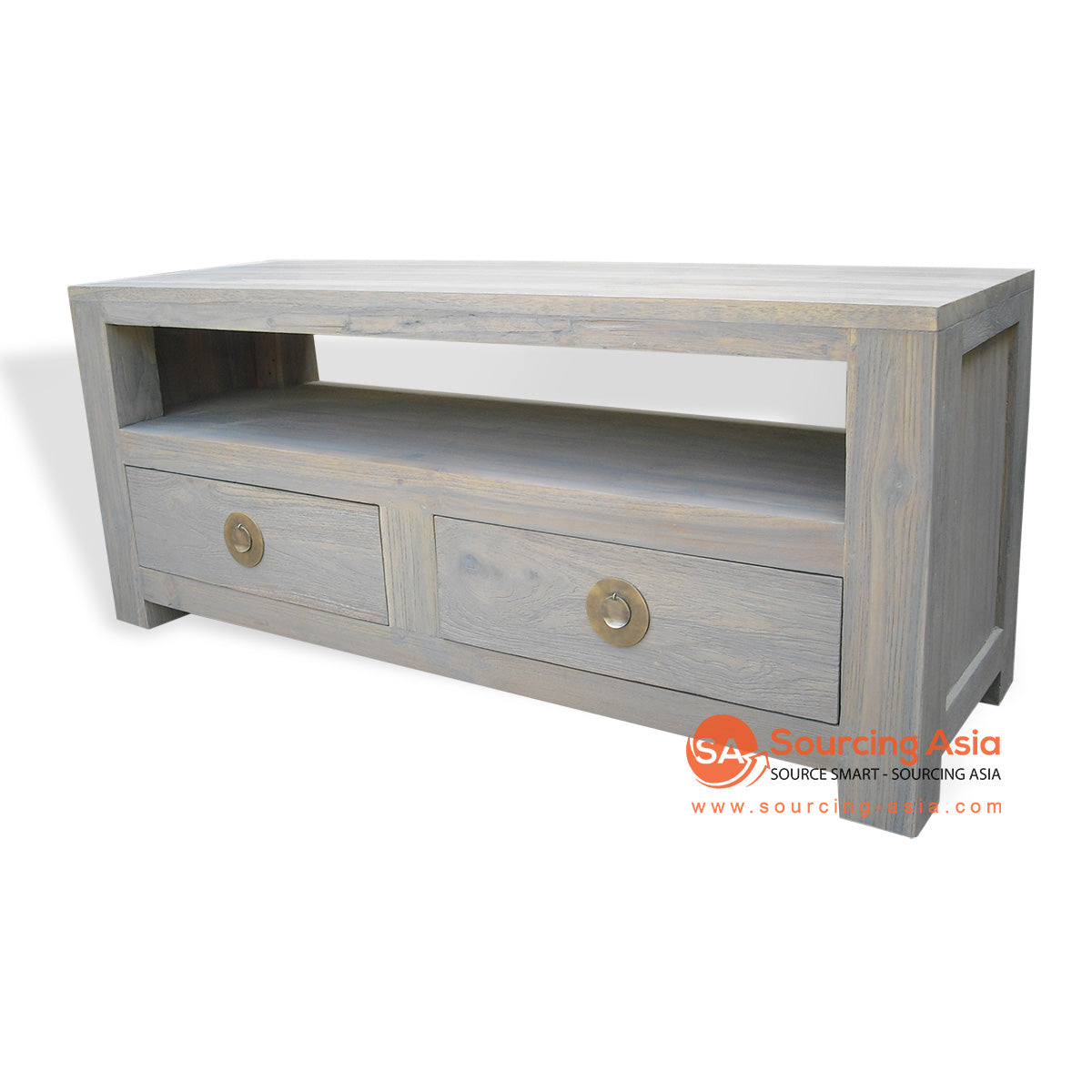 KYT80001-120 WHITE WASH RECYCLED TEAK WOOD TWO DRAWERS SMALL ENTERTAINMENT UNIT
